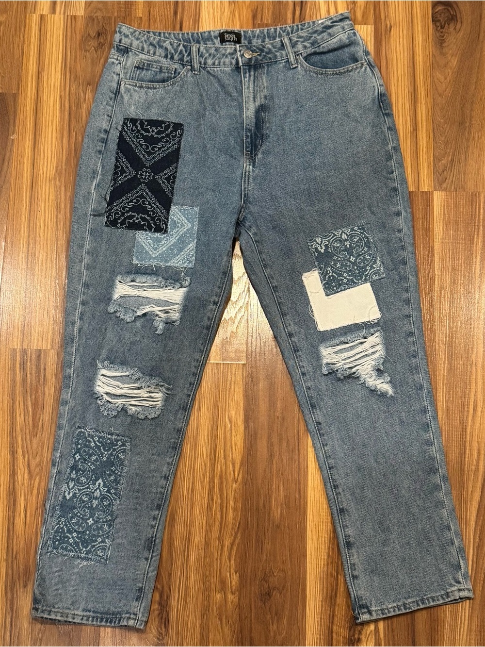 Simple Society Patchwork Distressed Women’s Jeans - Blue Denim, Size 13/31